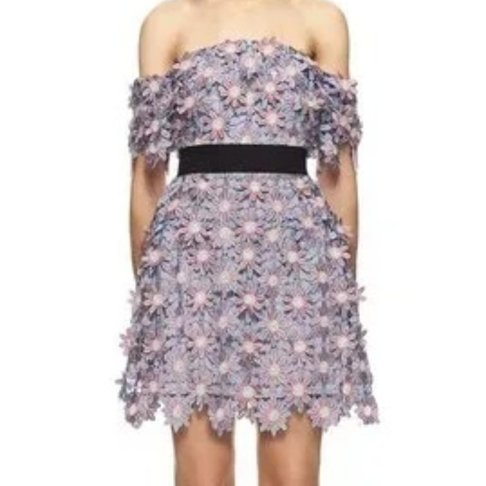 NWT Self-Portrait 3D Floral Off Shoulder Purple Lace Dress $580